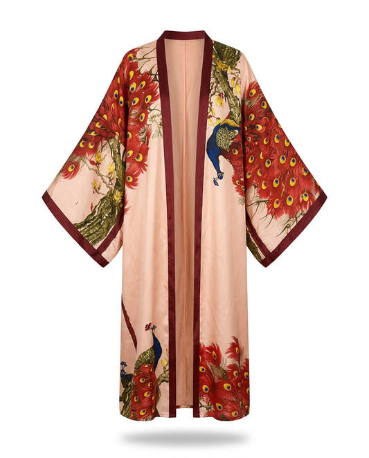 Vibrant Peacock Print Maxi Kimono