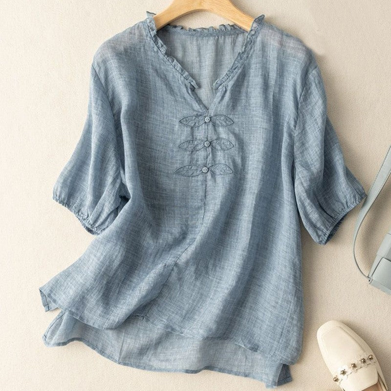 Relaxed Fit Linen Cotton Artistic Embroidered T-Shirt