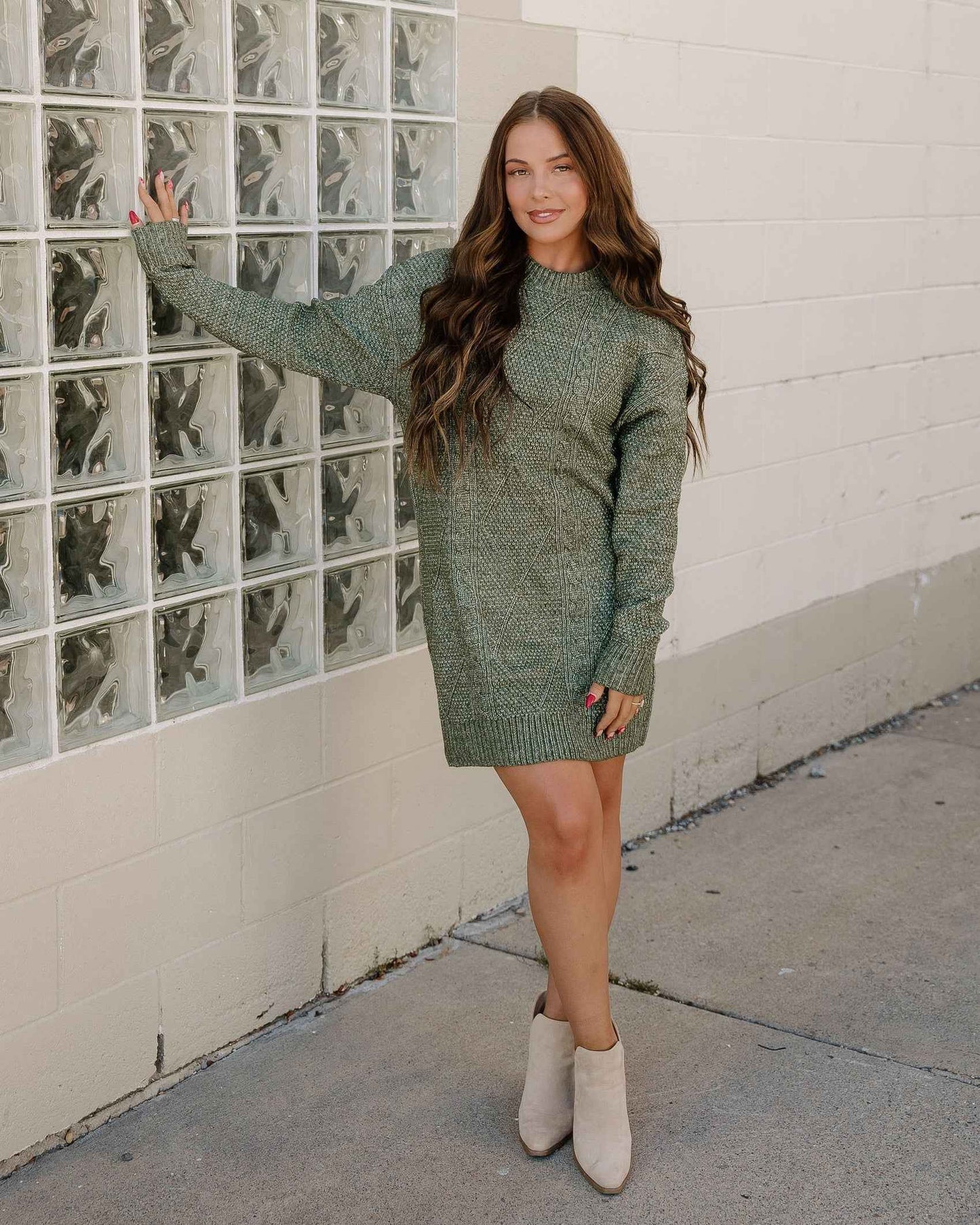 Cable Knit Sweater Dress - Green