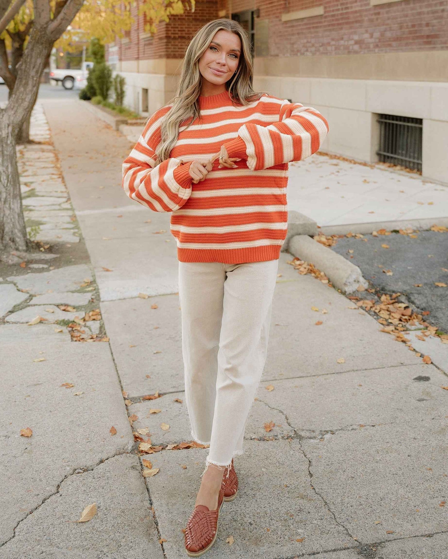 Avery Striped Ribbed Trim Drop Shoulder Sweater