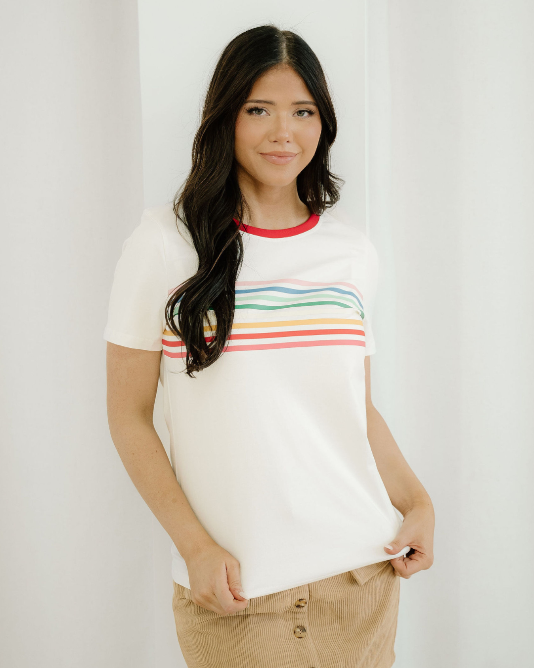 Melanie Rainbow Stripe Print Crewneck T Shirt