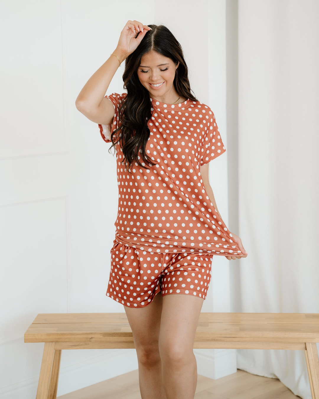 Paityn Polka Dot Print Short Set - Caramel