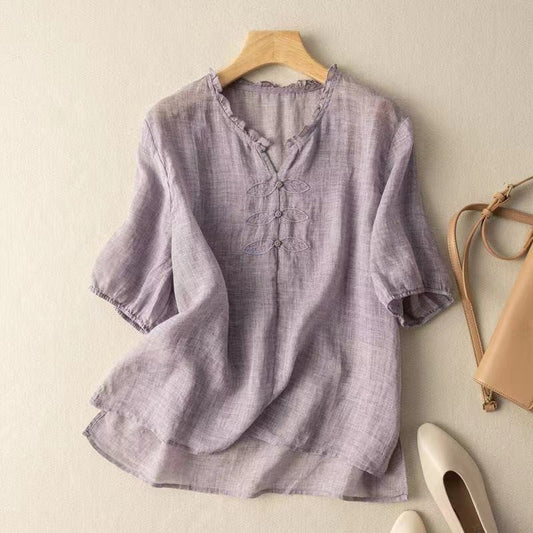 Relaxed Fit Linen Cotton Artistic Embroidered T-Shirt