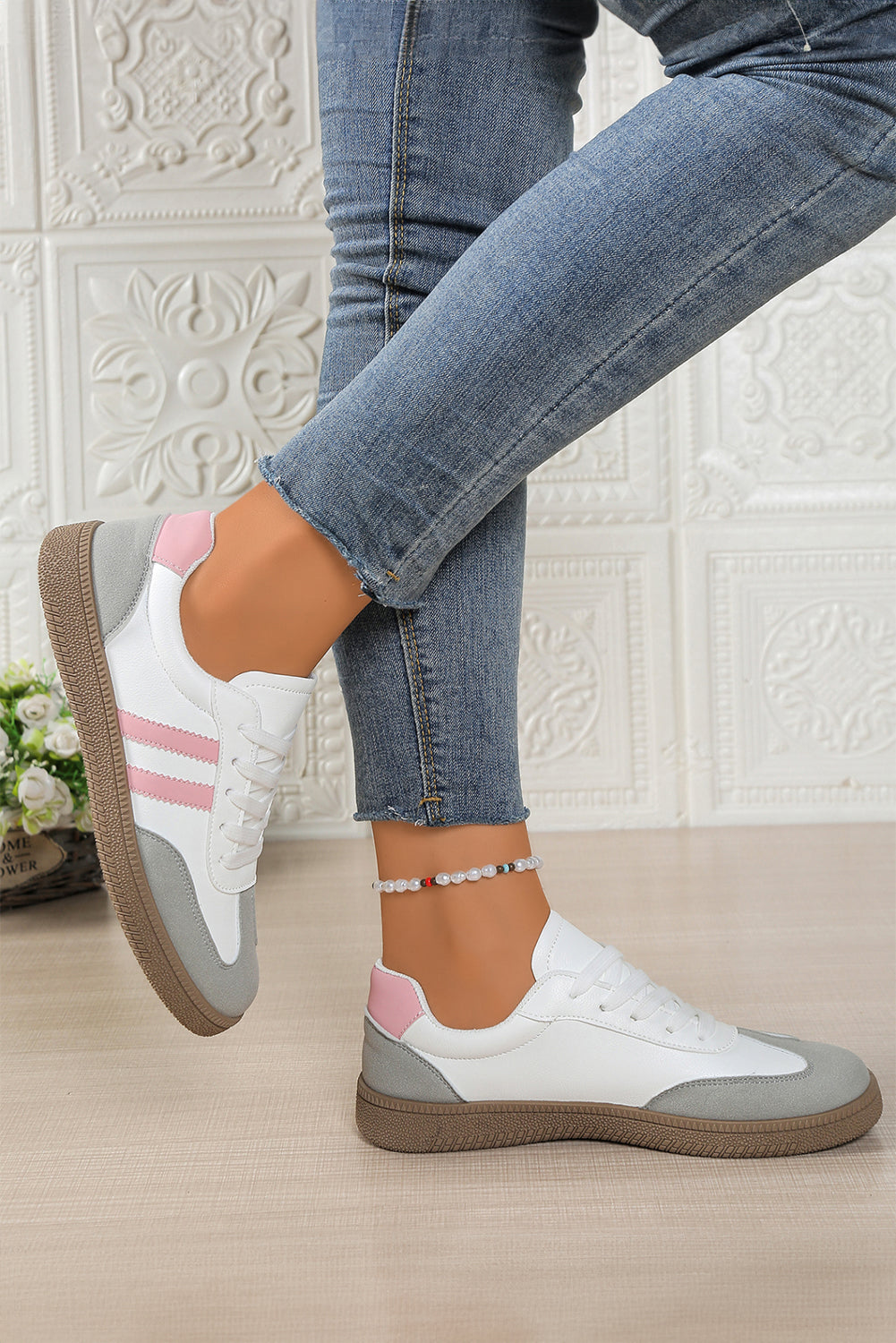 Pink Striped Patchwork Lace Up Sneakers PU Leather