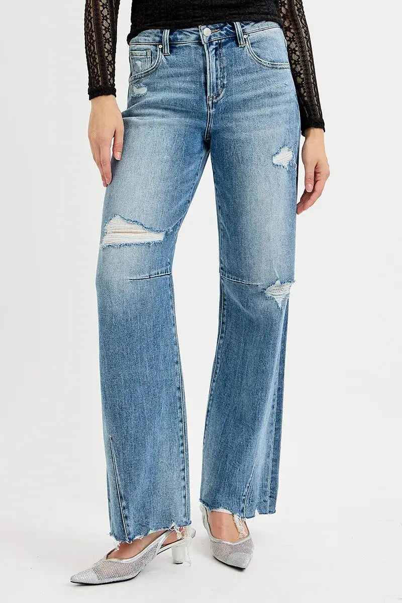 RISEN Jeans - Plus Size Mid Rise Fit Wide Baggy Leg Jeans