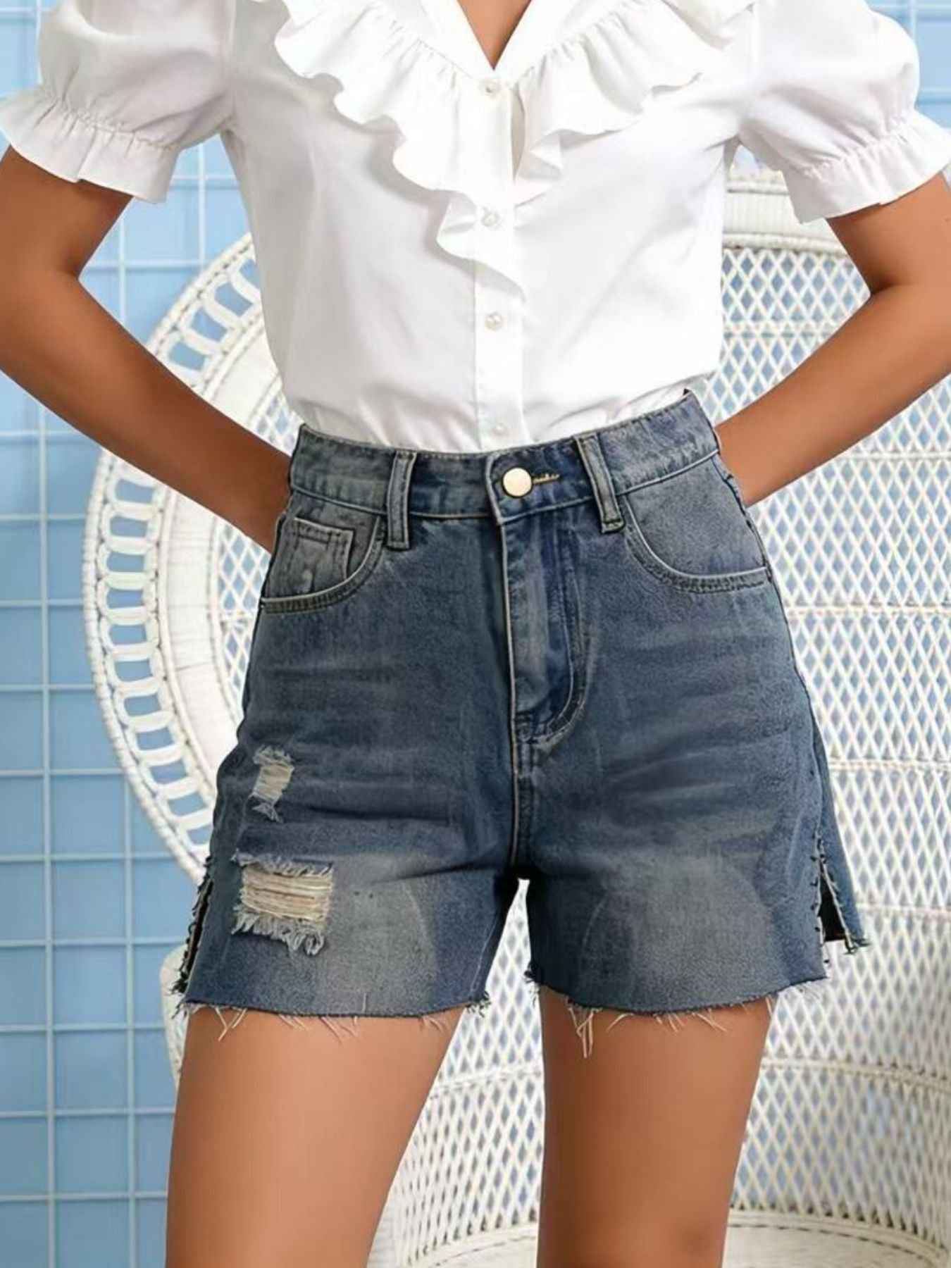 Distressed Slit Denim Shorts