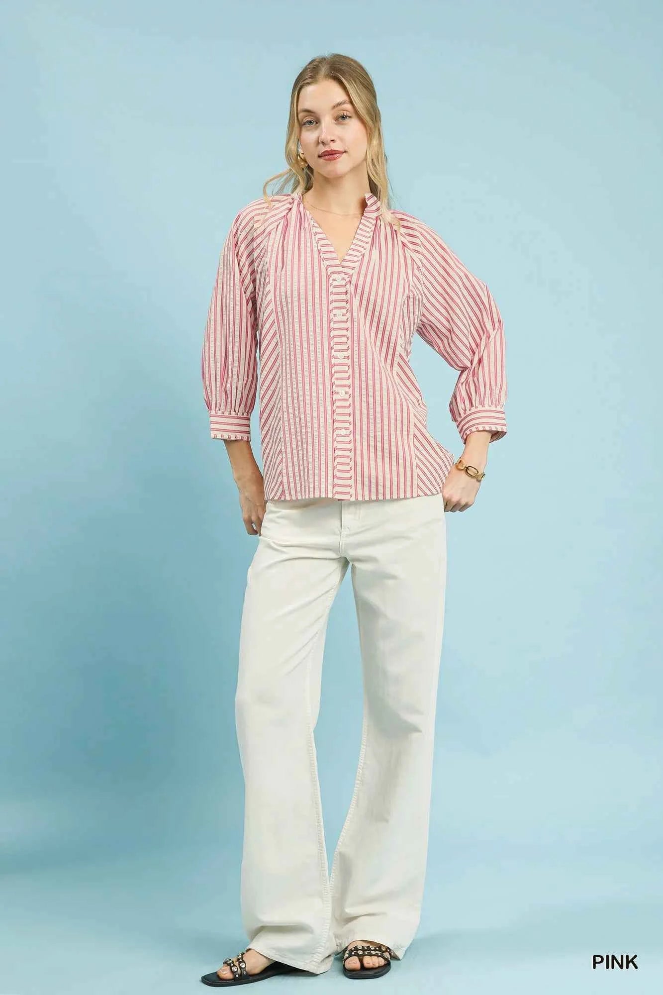 Umgee Striped V-Neck Button Down Top