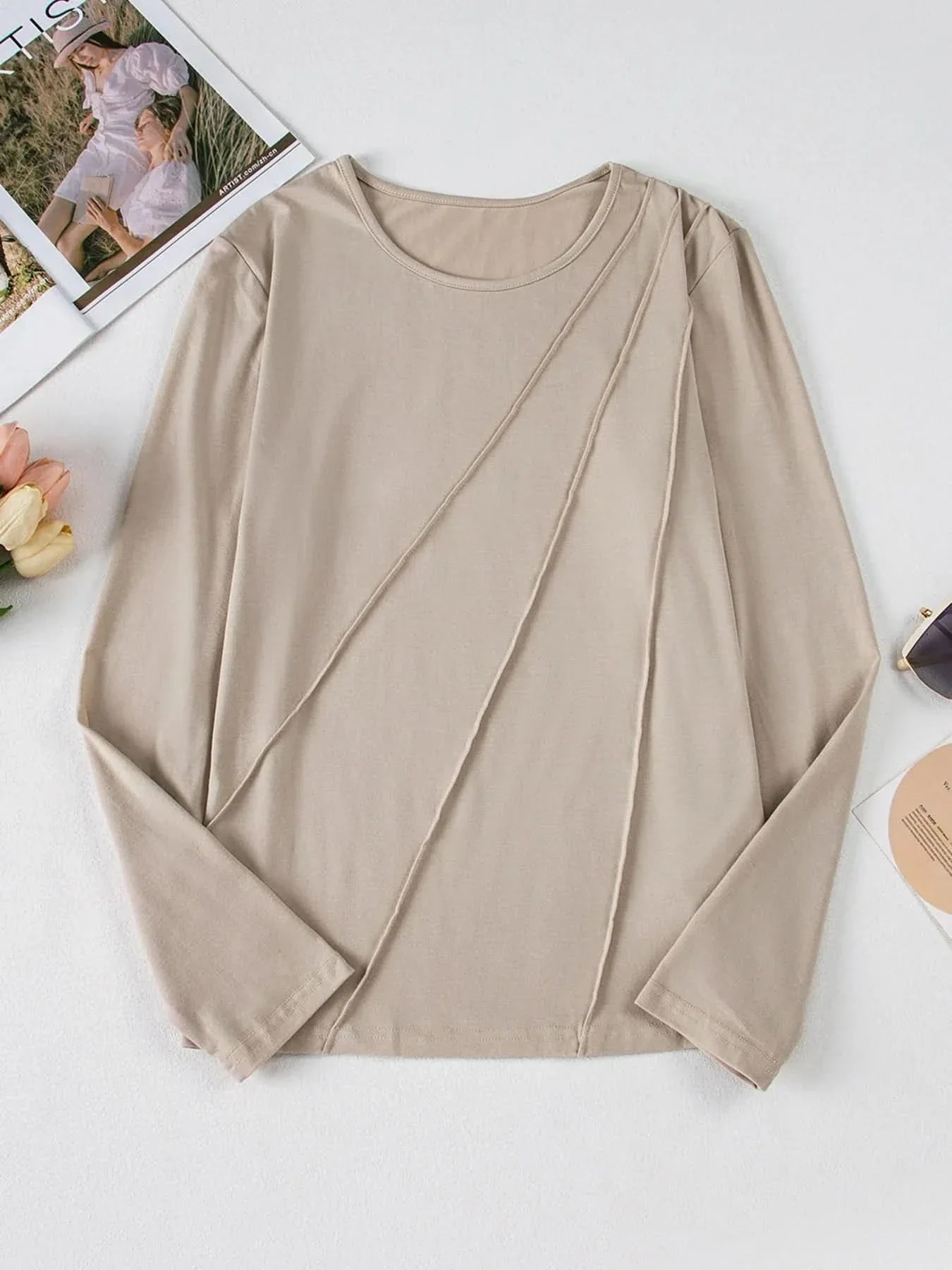 Asymmetric Seam Detail Long Sleeve Top for Women Casual