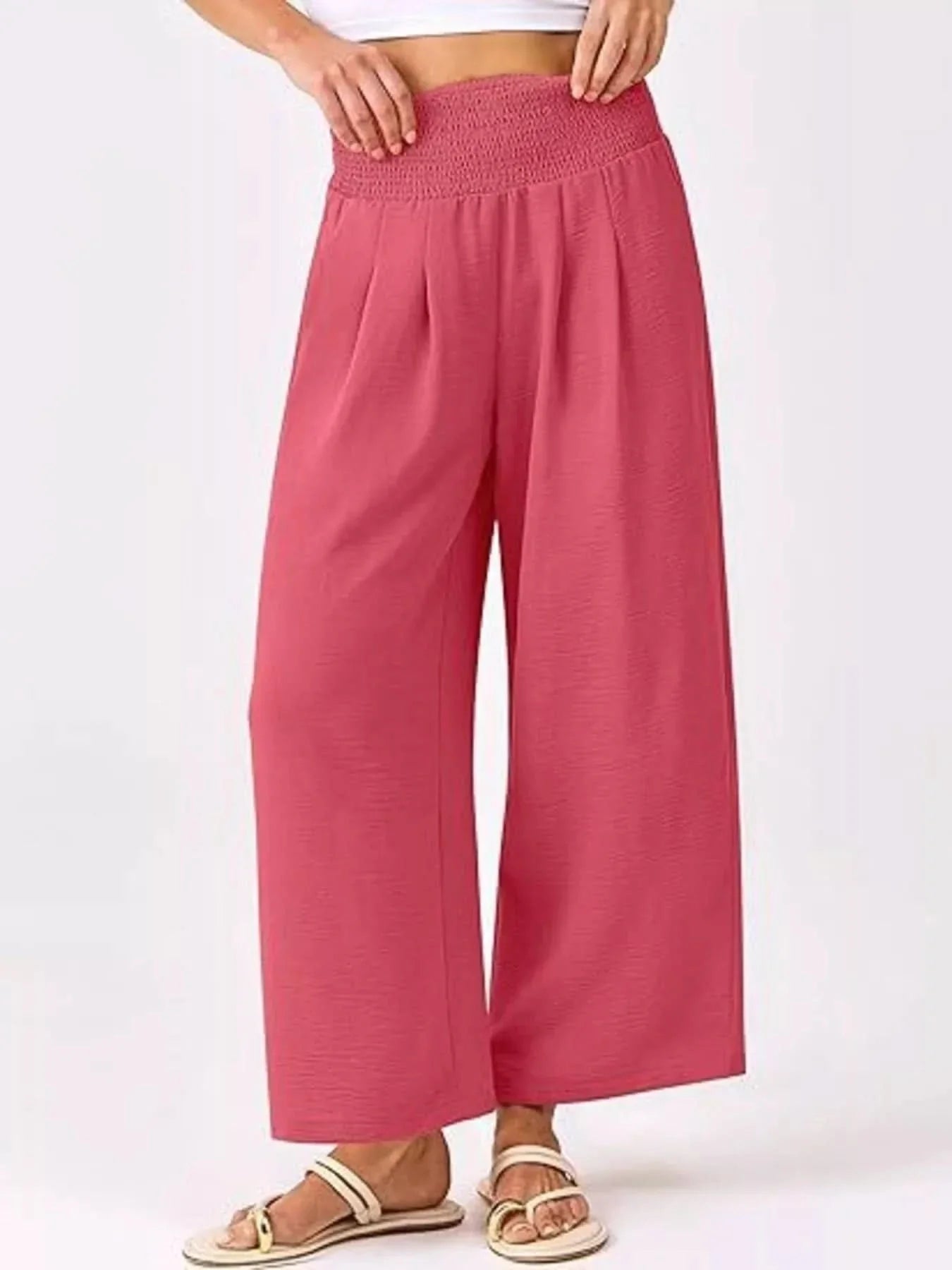 Wide Leg Smocked High Waist Pants With Pockets Polyester