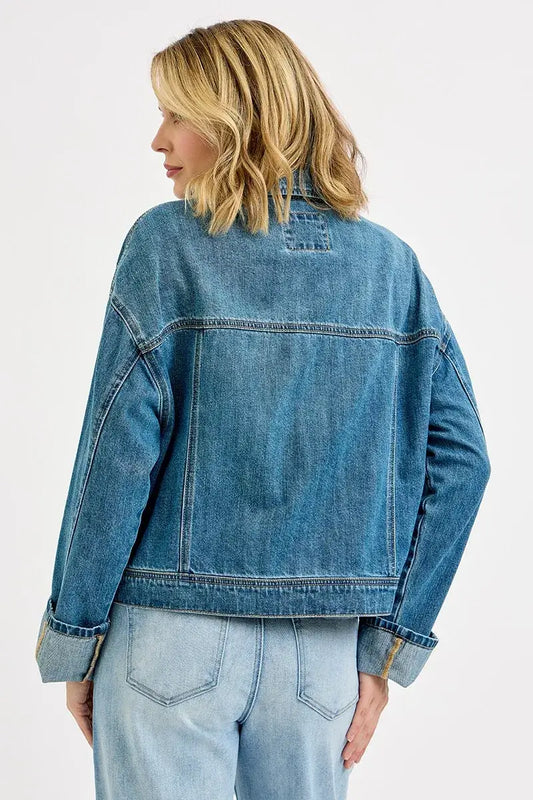 RISEN Oversized Cargo Pocket Denim Jacket with Cuffed Sleeves