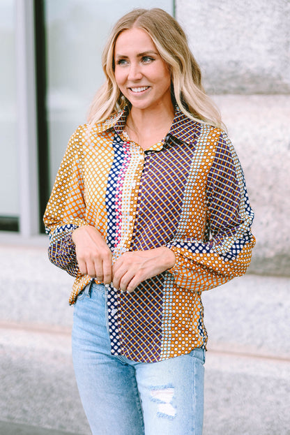 Brown Dot Print Long Sleeve Button Down Shift PLUS Shirt