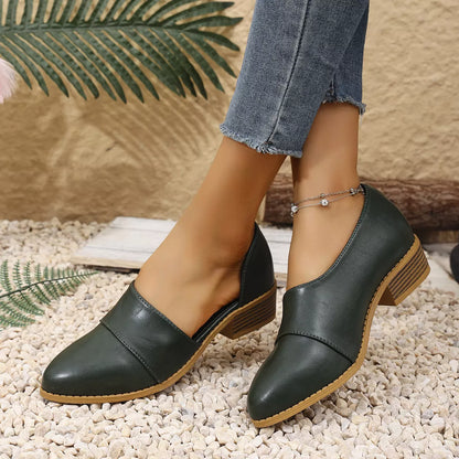 Point Toe Block Heels Loafers PU Leather Low Heel Shoes