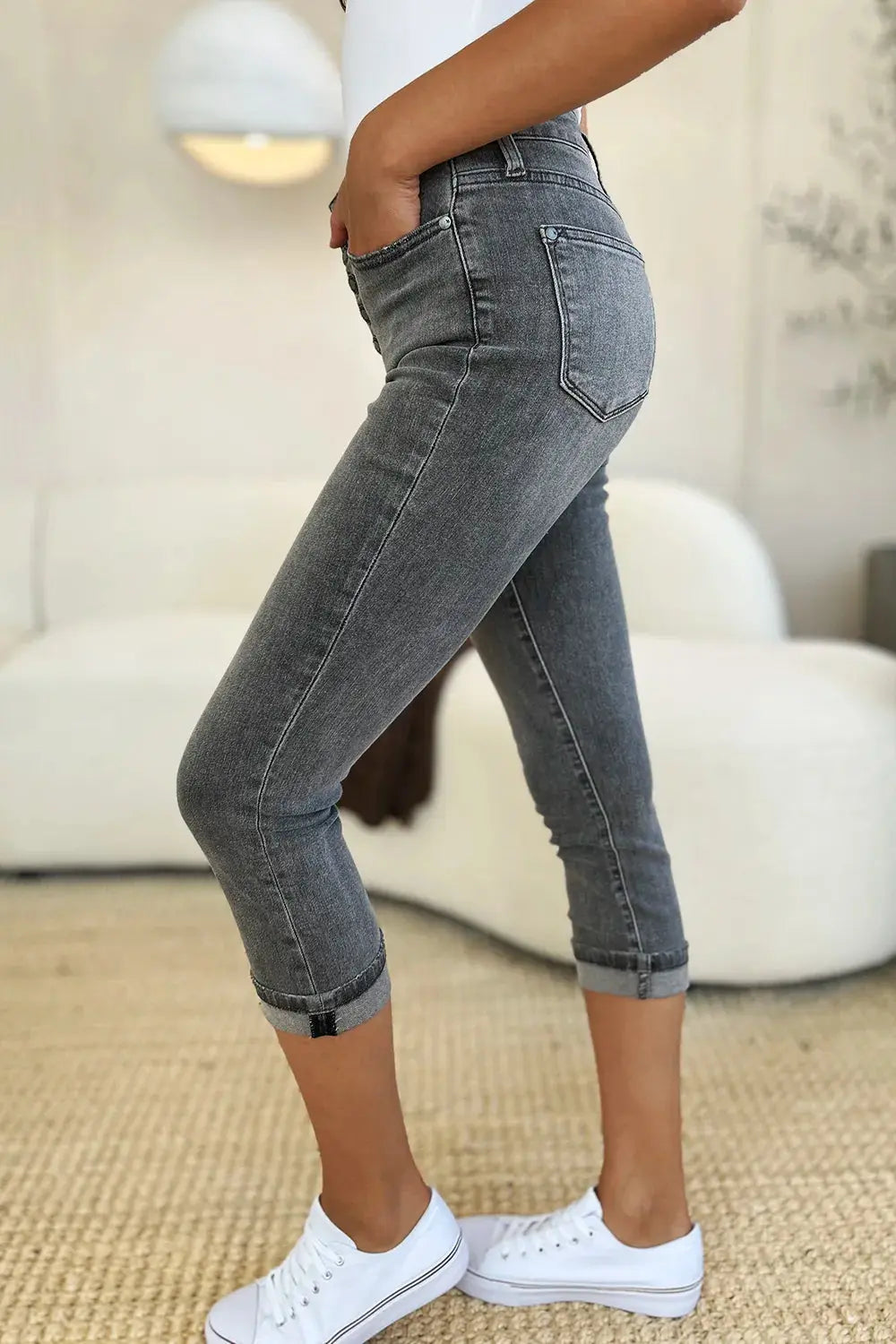 Judy Blue Jeans - Full Size Button Fly High Waist Cuffed Capris