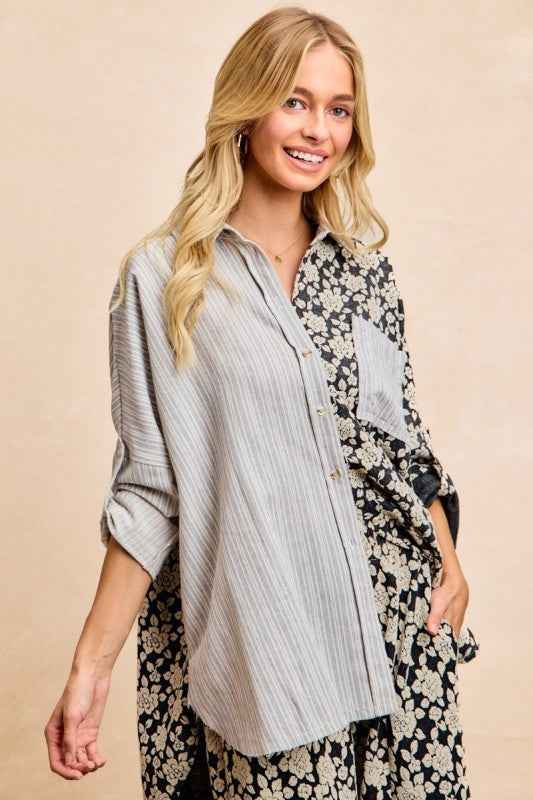 BiBi Stripes Jacquard Floral Mix And Match Shirt Top