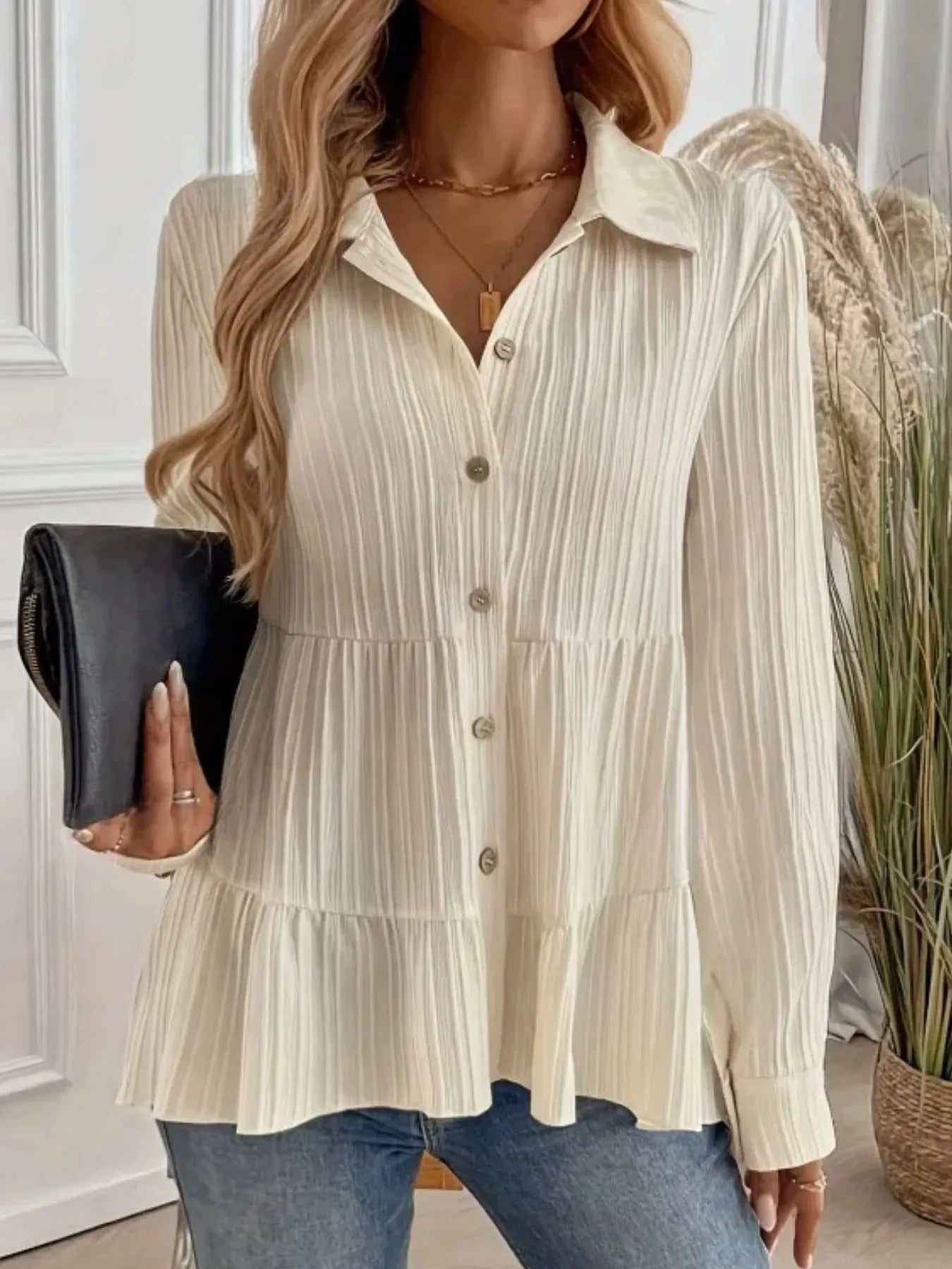 Striped Tiered  Button Down Shirt