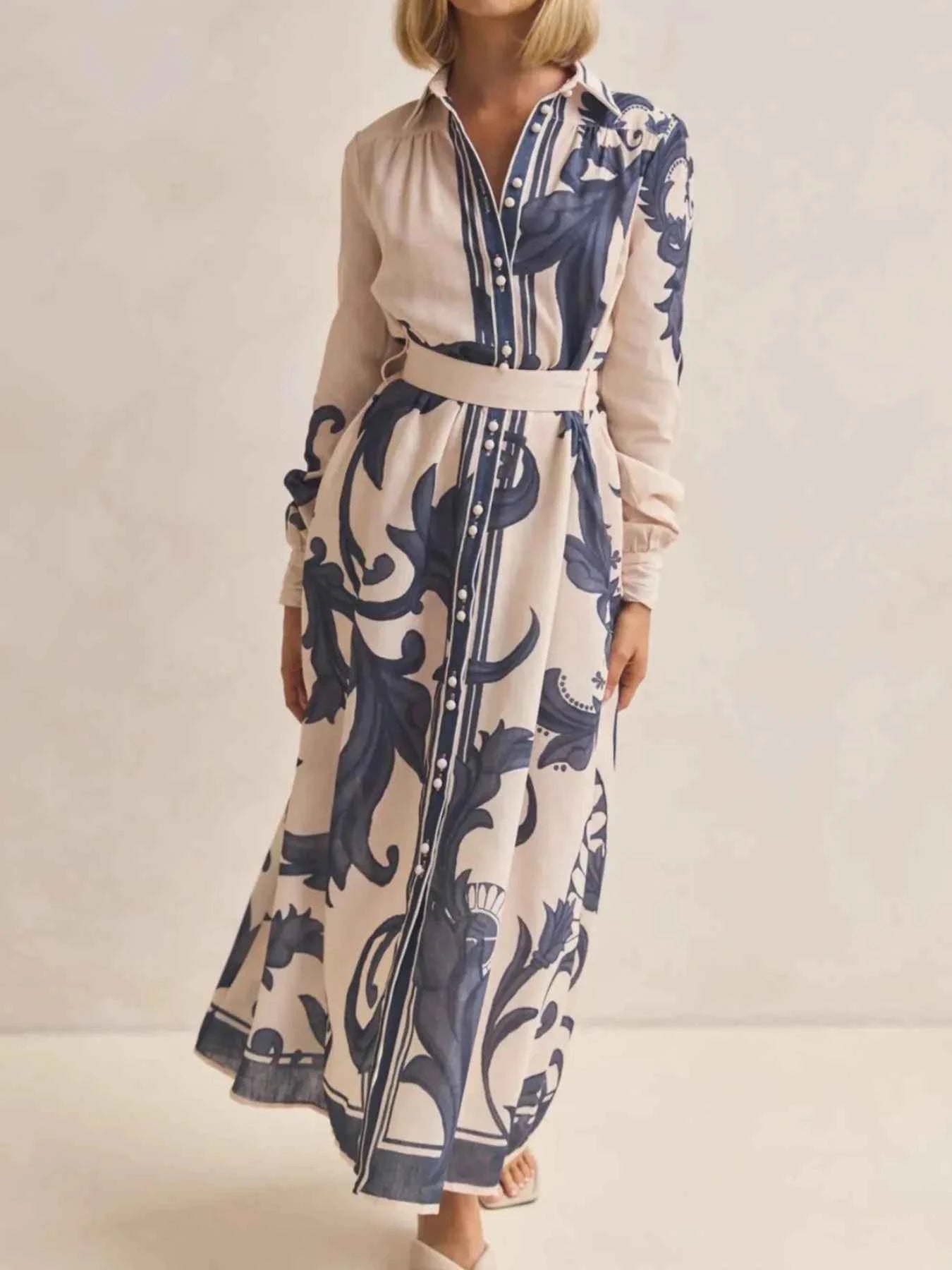 Printed Button Down Belted Shirt Dress