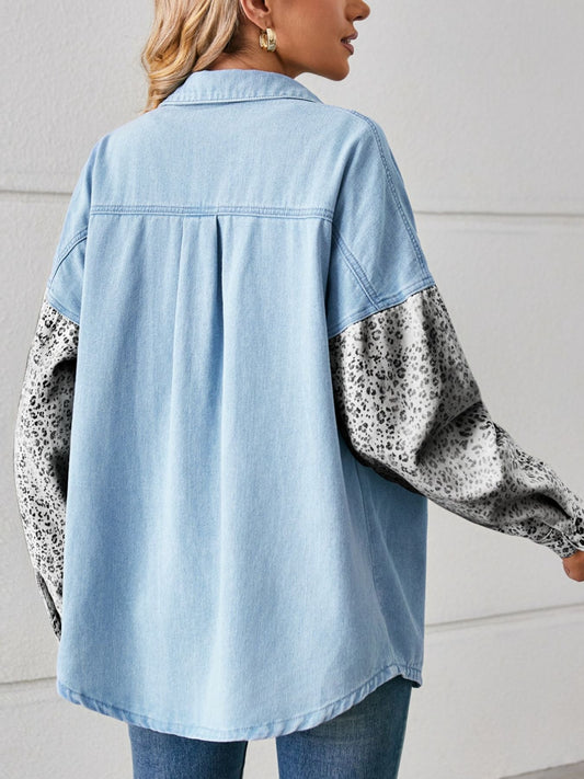 Leopard Patchwork Button Up Denim Shirt