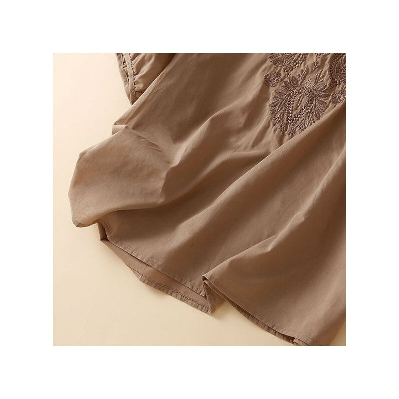 Embroidered Cotton Linen Loose Fit Round Neck Top