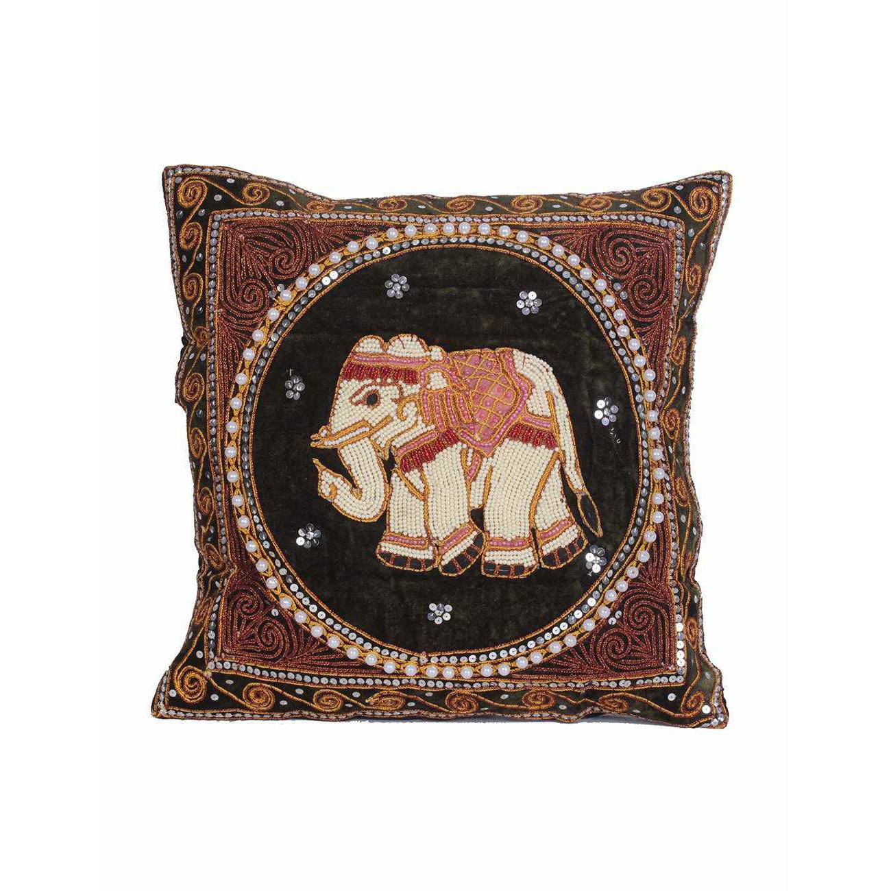Elephant Tapestry Beaded Embroidered Cushion- Thailand
