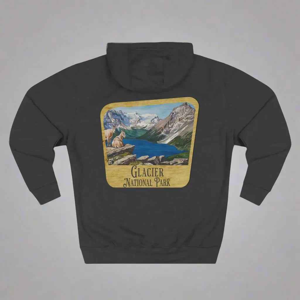 Glacier National Park Unisex Fit Fleece Hoodie Scenic Mountain Goat View Graphic Wooden Sign