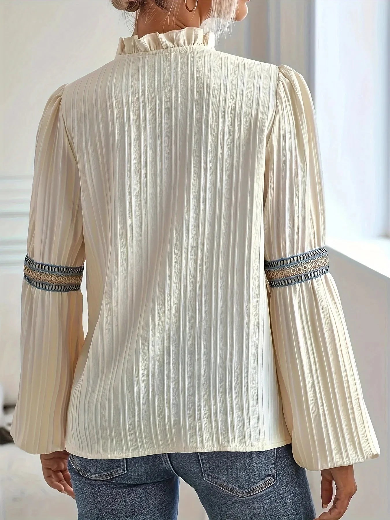 Textured Notched Balloon Sleeve Elegant Blouse