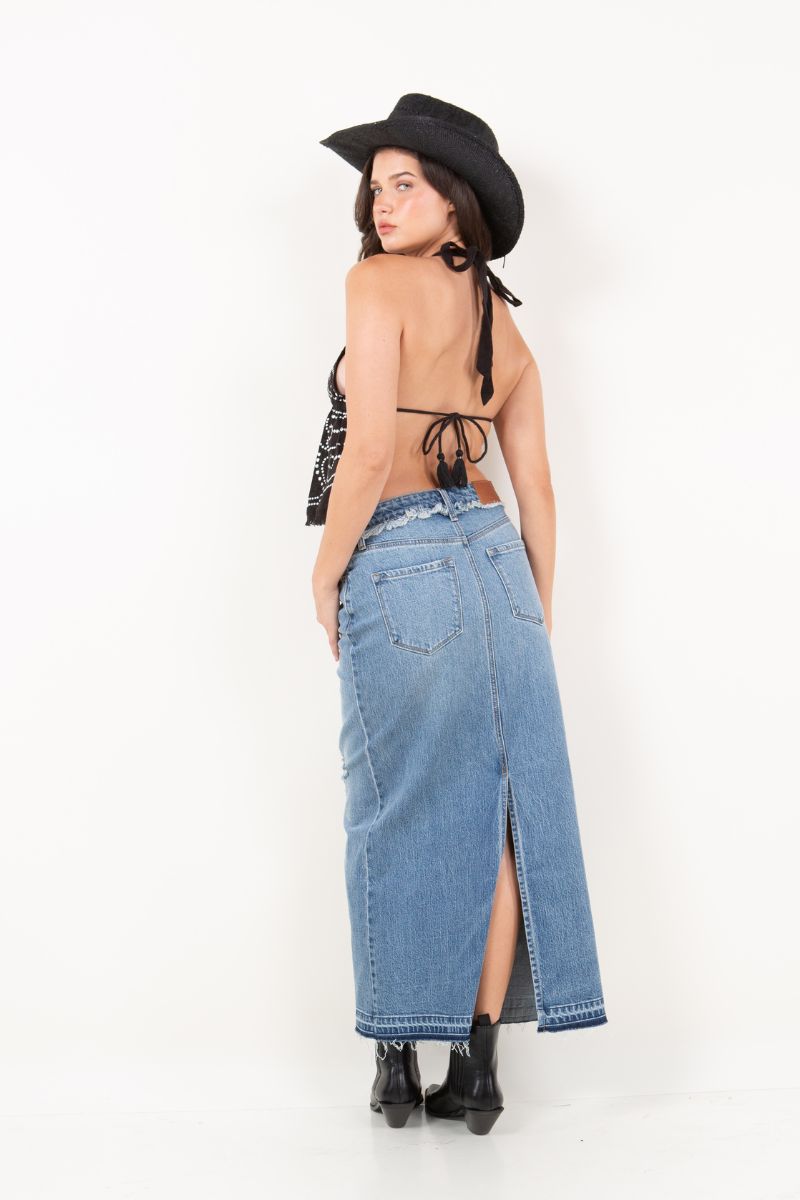 Livia Denim Maxi Skirt Frayed Waistband w/ Slit Detail