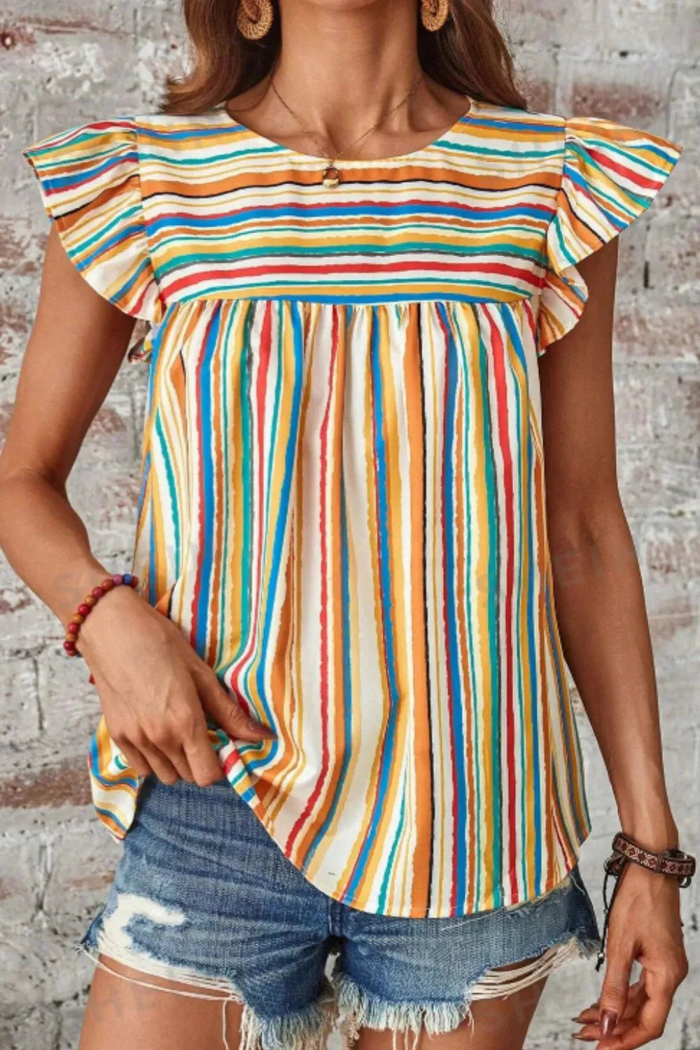 Multicolor Striped Flutter Sleeve Blouse