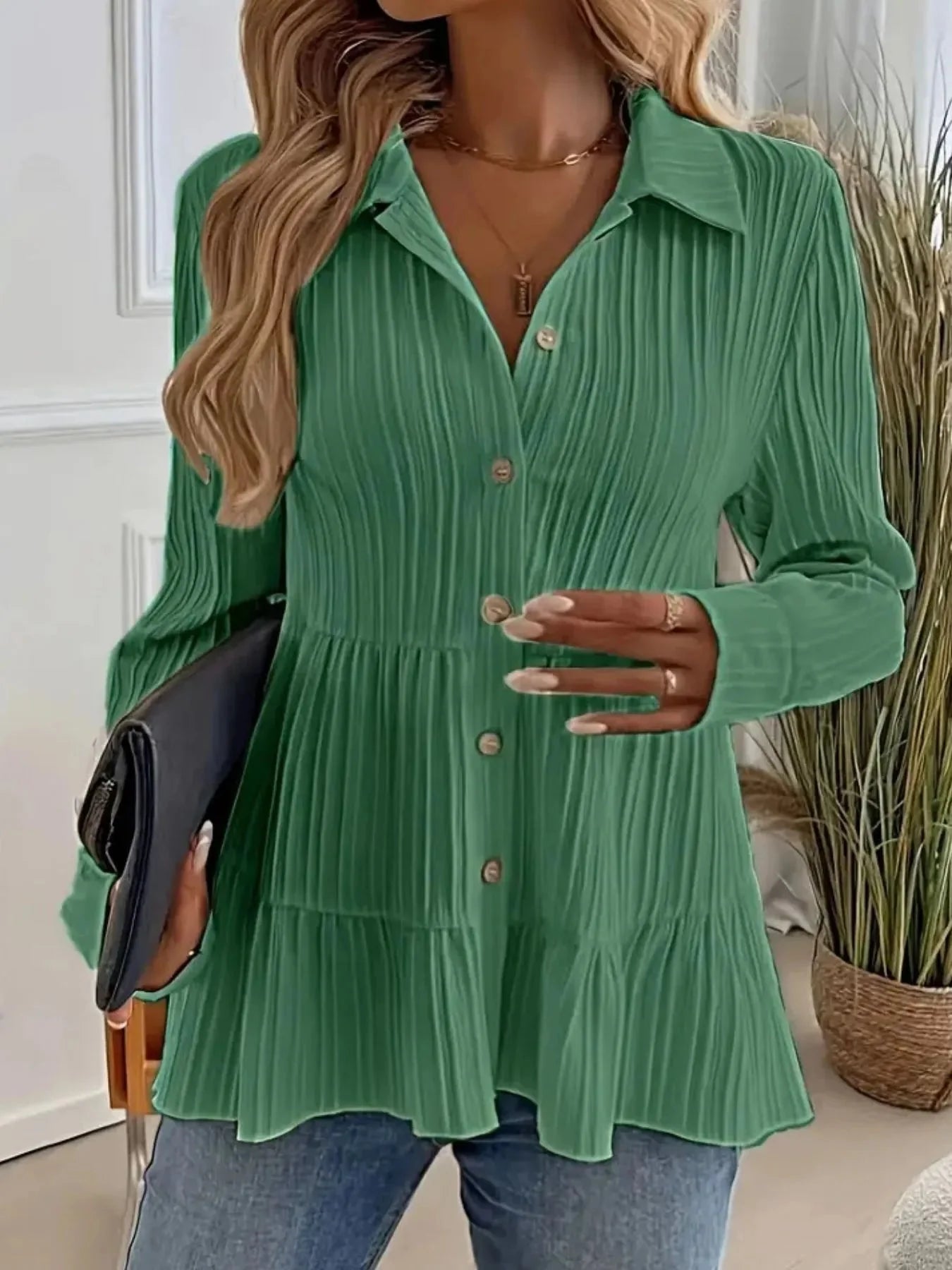 Striped Tiered  Button Down Shirt