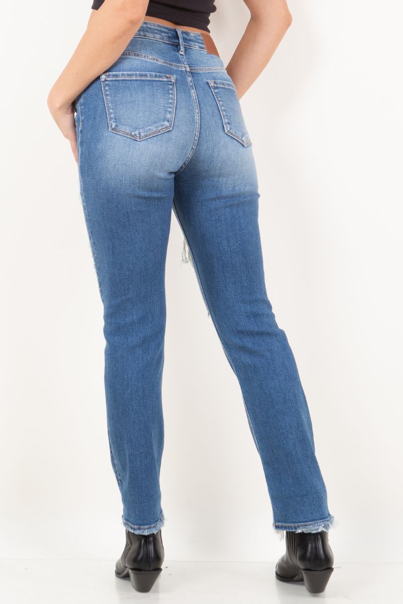 Mesh Tummy Control High Rise Straight W/ Single Cuff Jeans
