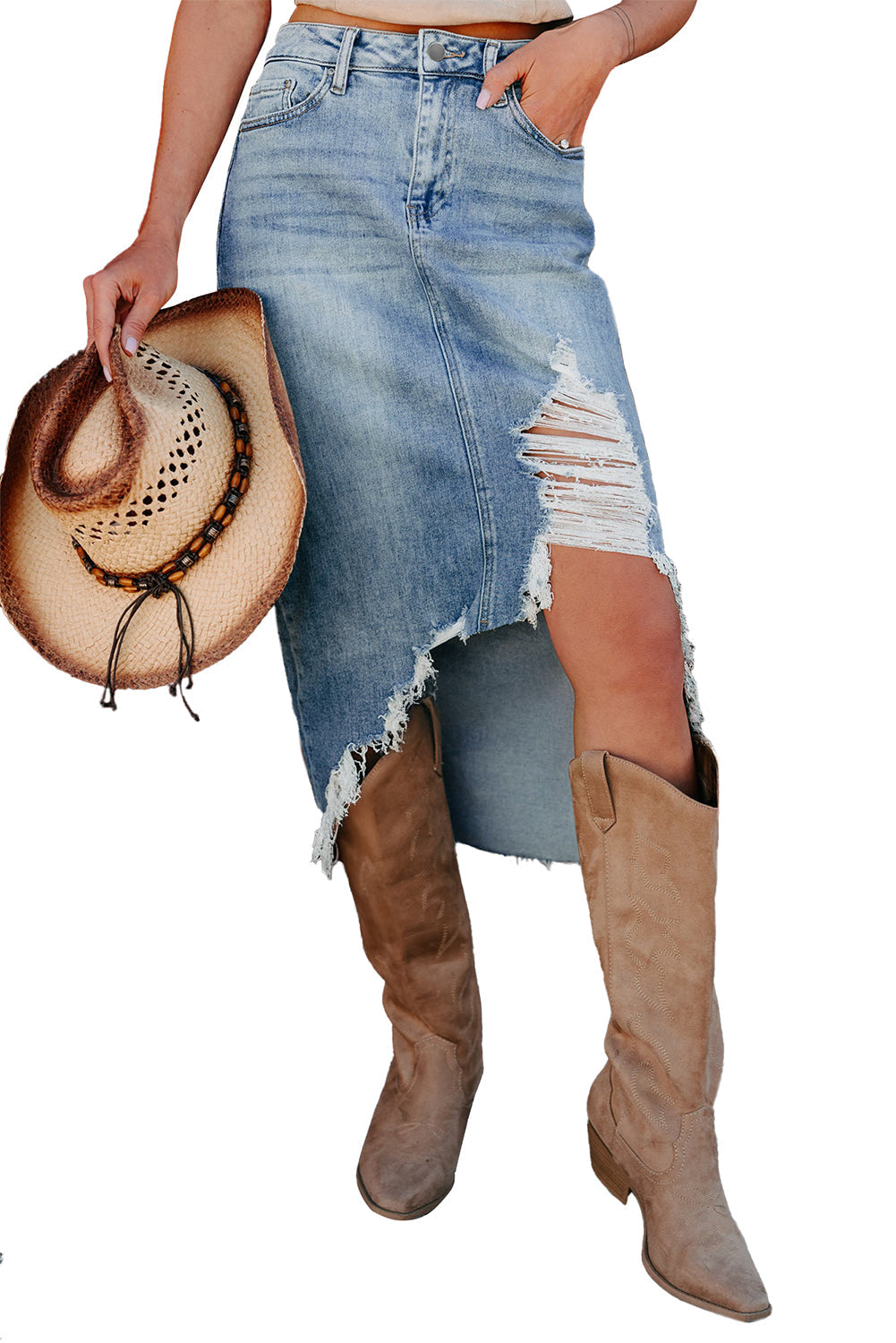 Myosotis Distressed Hem Denim Midi Skirt Irregular Look