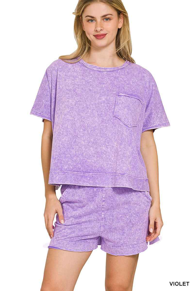 Zenana Halo Snow Washed Boxy Top & Shorts Set