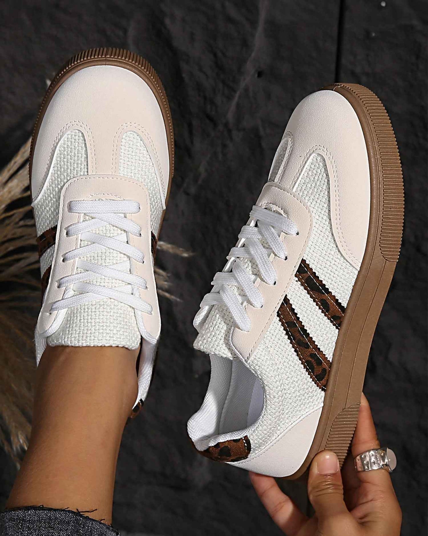 Kamari Textured Woven Leopard Patchwork Flat Sneakers