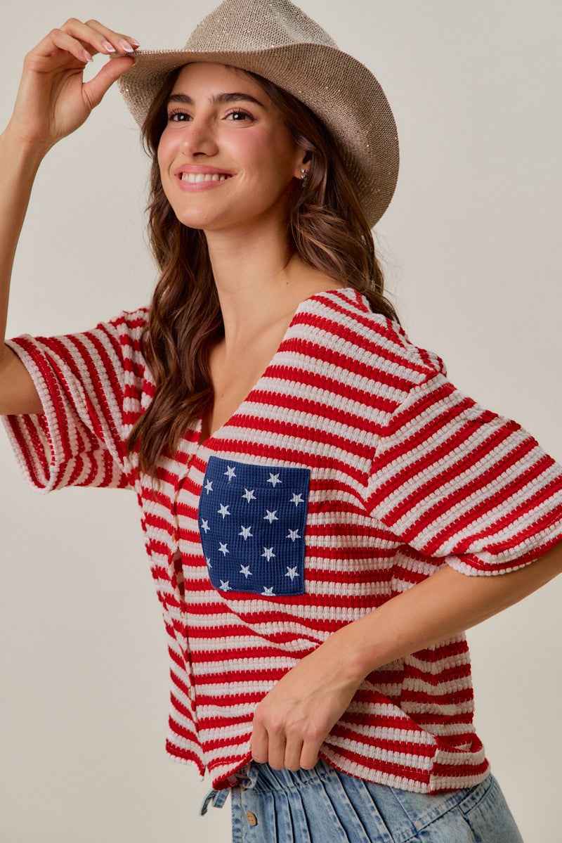 SO ME Stripe Waffle Knit Fourth Of July Cardigan Top