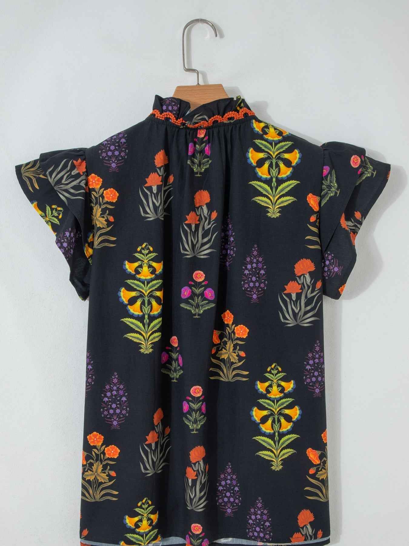 Floral Print Lace Trim Frilled V Neck Short Sleeve Shirt
