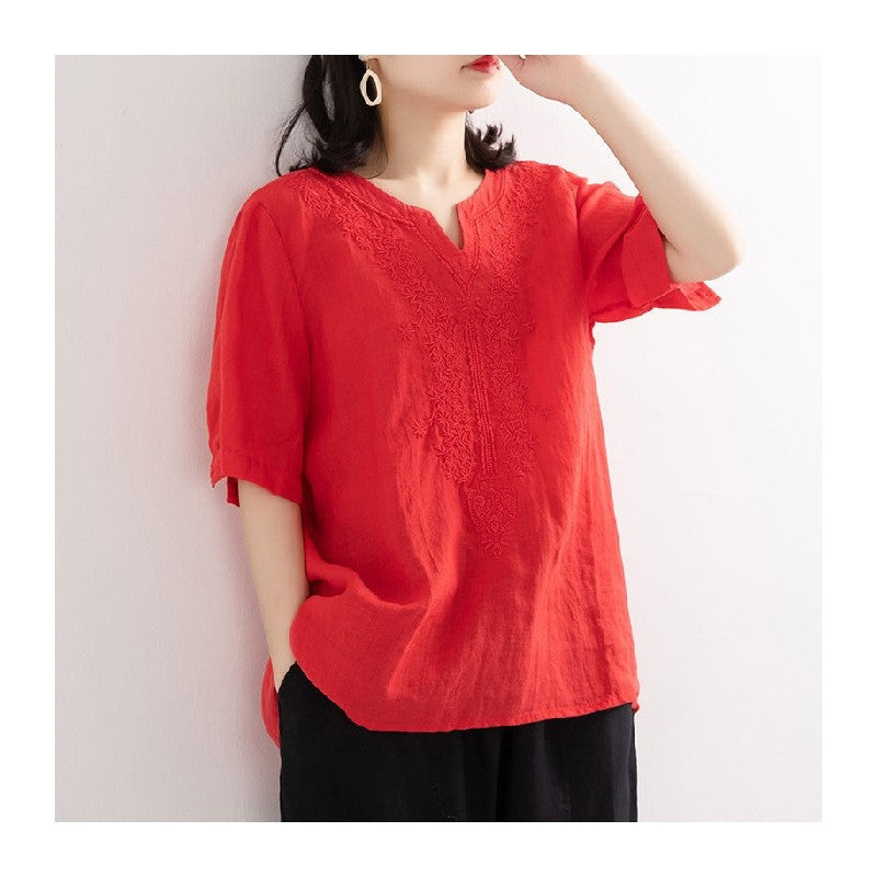 Embroidered Cotton Linen Blend Solid Color T-Shirt