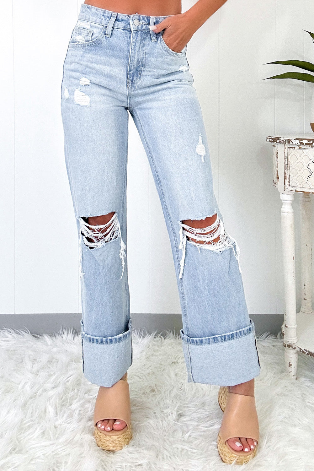Beau Blue Light Wash Distressed Flare Jeans High Waist