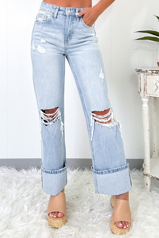 Beau Blue Light Wash Distressed Flare Jeans High Waist