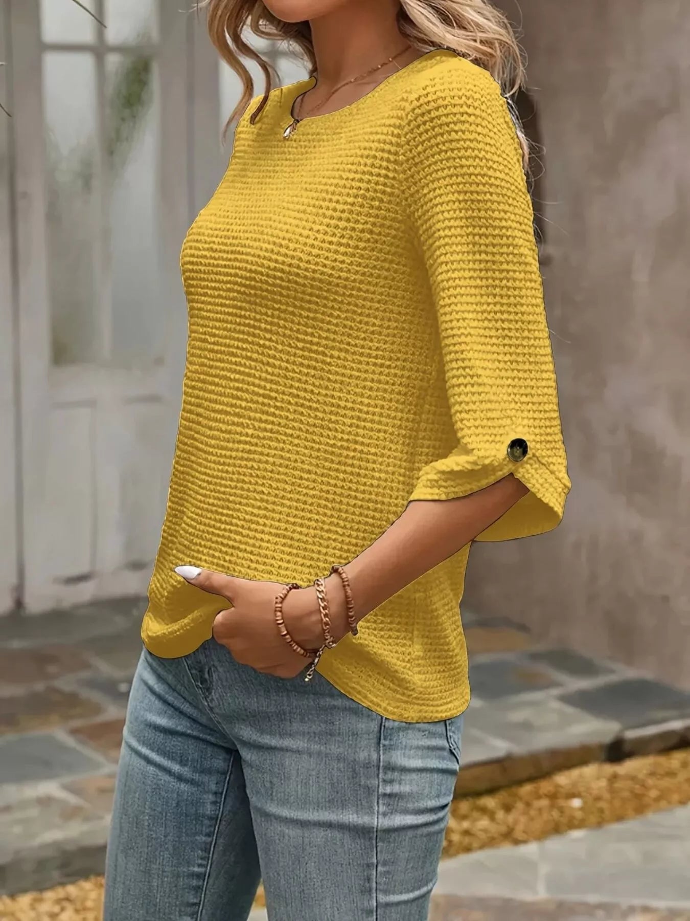 Round Neck Waffle Knit Top