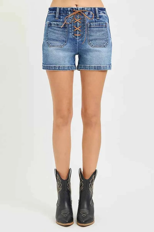 Med. Wash High Rise Front Tie Up Shorts with Patch Pockets by Risen