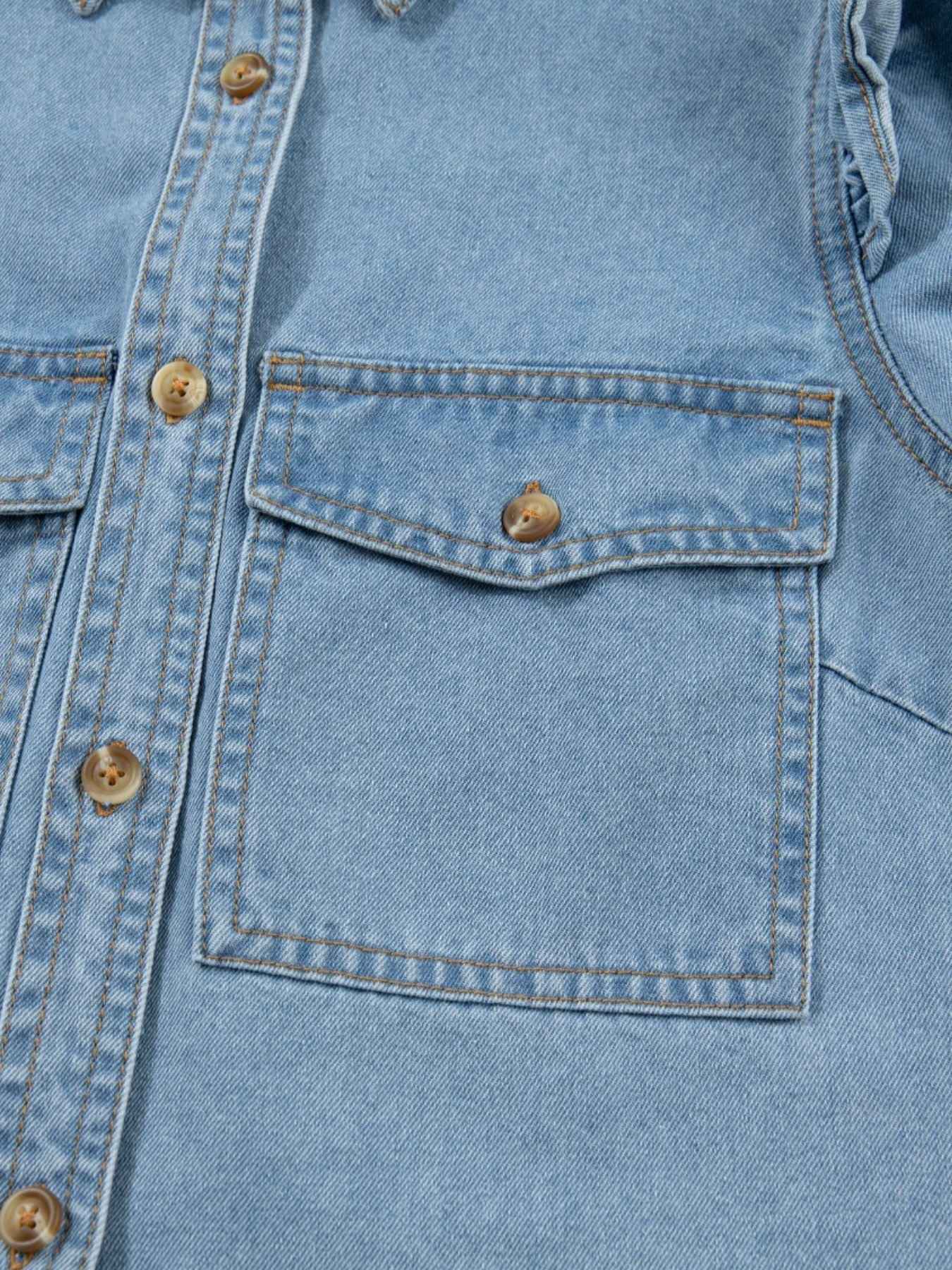 Ruffled Button-Down Denim Shirt