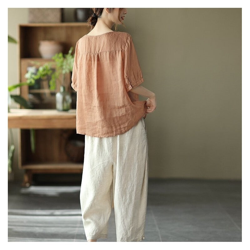 Loose-Fit Short-Sleeve Vintage Art Embroidery Pullover