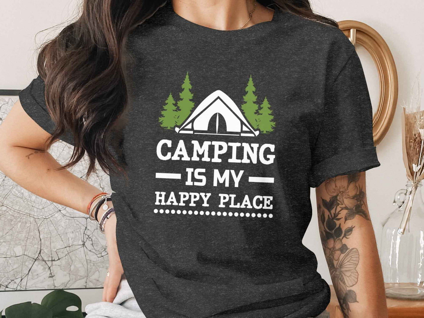 Camping Is My Happy Place Tent And Trees Graphic T-Shirt