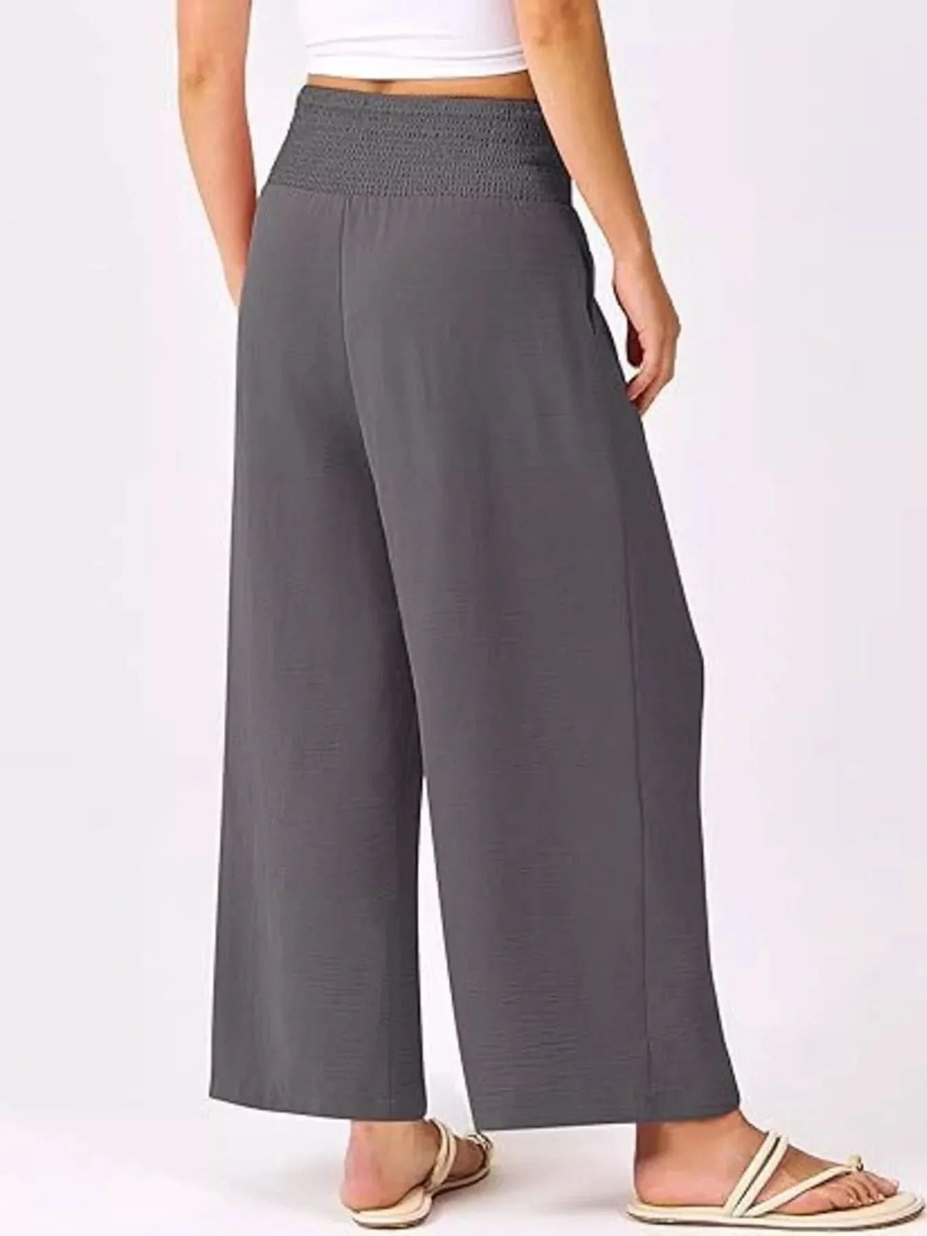 Wide Leg Smocked High Waist Pants With Pockets Polyester