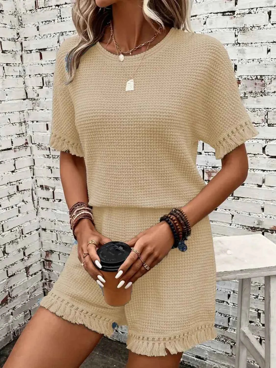 Tassel Round Neck Top and Shorts Set