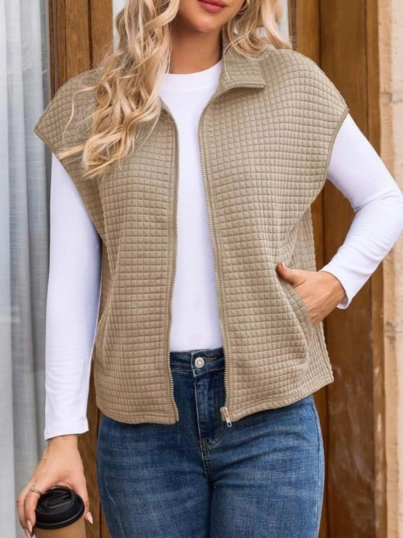 Ribbed Texture Lightweight Zip-Up Vest Coat - 3 Color Options