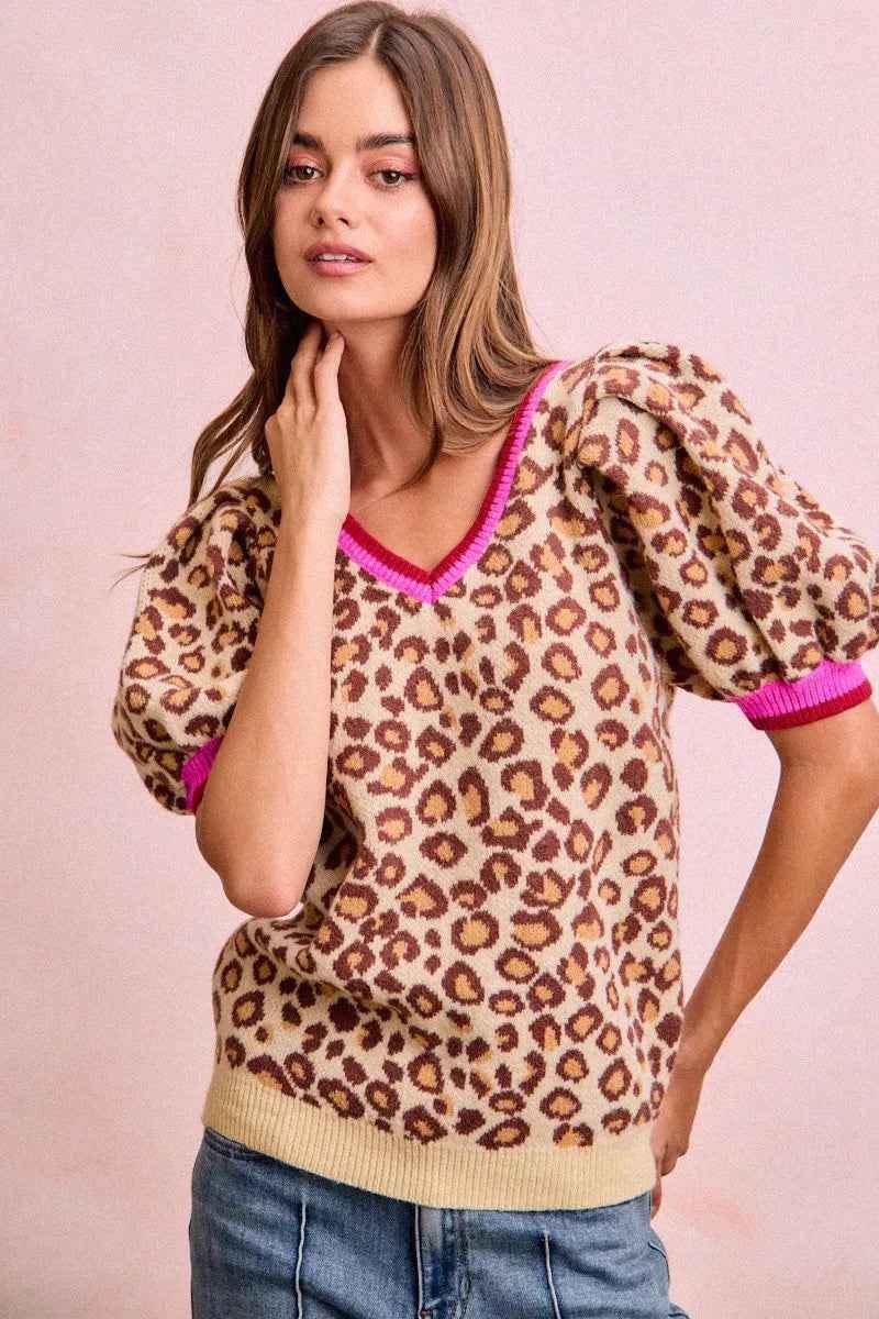 Leopard Pattern Ribbed Puff Sleeve V-neck Sweater Top by BiBi