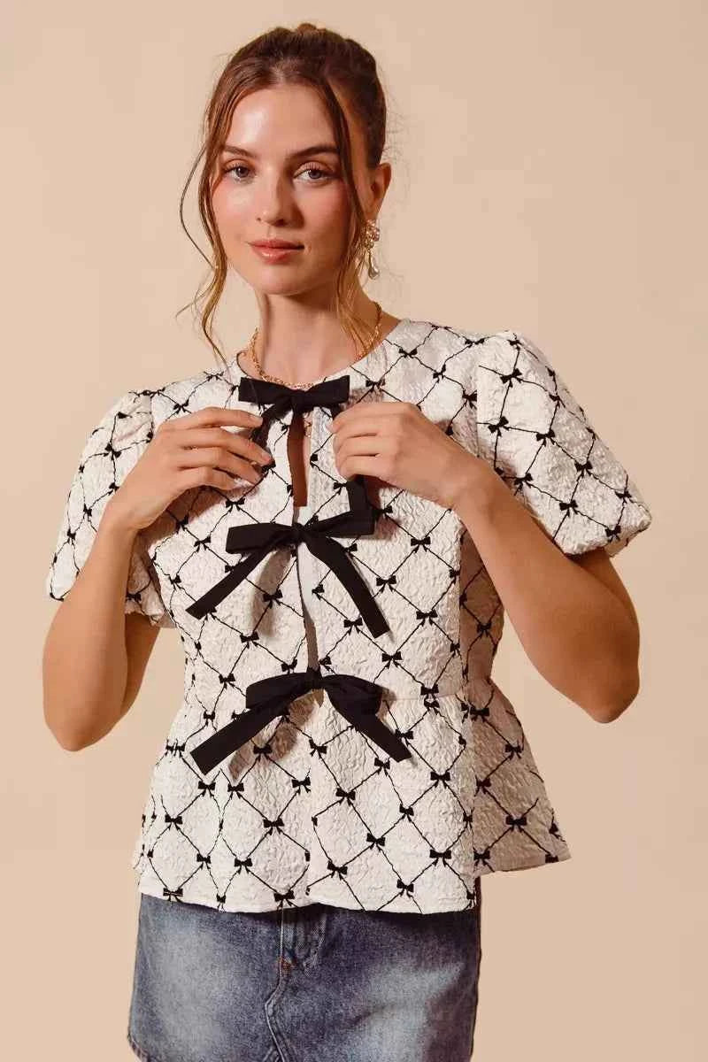 Ivory Textured Peplum Top with Bow Detail & Contrast Tie by So Me