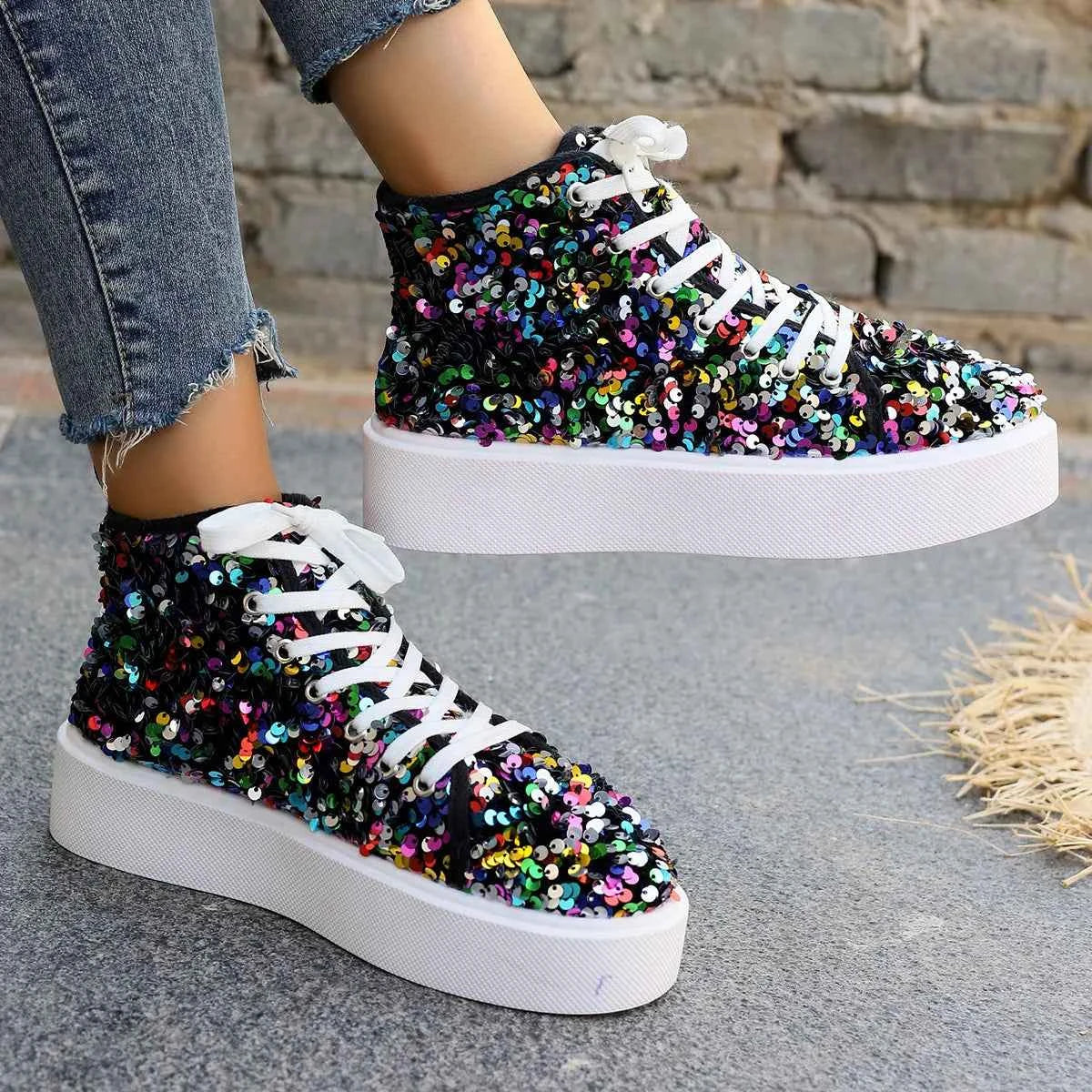 Sequin Round Toe Platform Sneakers
