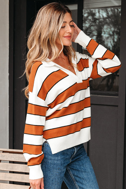 Stripe Ribbed Polo Collar Drop Shoulder Sweater