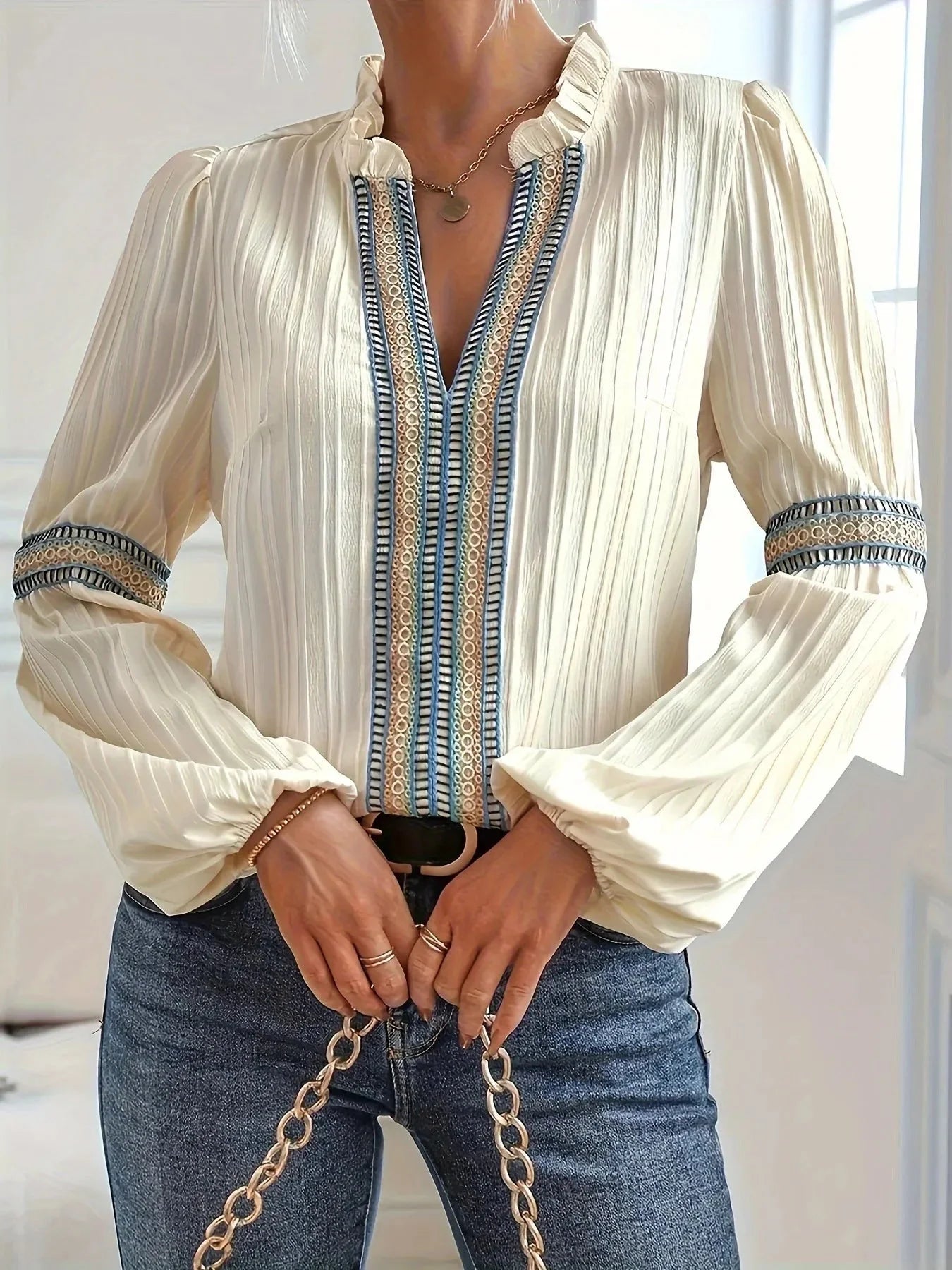 Textured Notched Balloon Sleeve Elegant Blouse